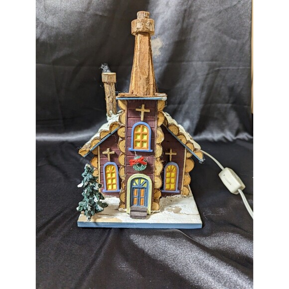 Rustic Log Cabin Lighted Chapel Pines Snow 9”. Corded Light. READ. - Picture 2 of 10